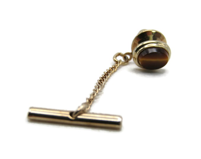 Brown Stone Inlay Oval Tie Lapel Pin Gold Tone Men's Jewelry