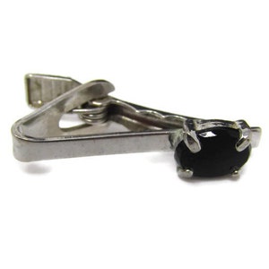 Vintage Tie Bar Tie Clip: Black Accent Skinny Silver Tone Body Design