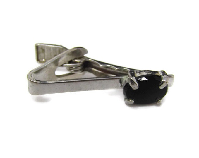 Vintage Tie Bar Tie Clip: Black Accent Skinny Silver Tone Body Design