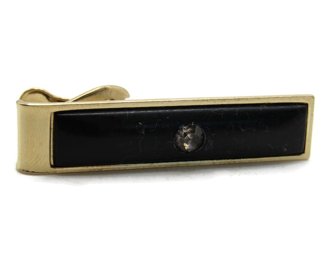 Black Stone And Rhinestone Center Tie Bar Tie Clip Men's Jewelry Gold Tone