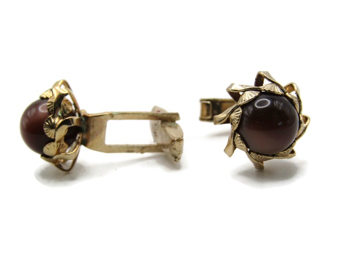 Brown Stone Inlay Floral Cuff Links Men's Jewelry Gold Tone