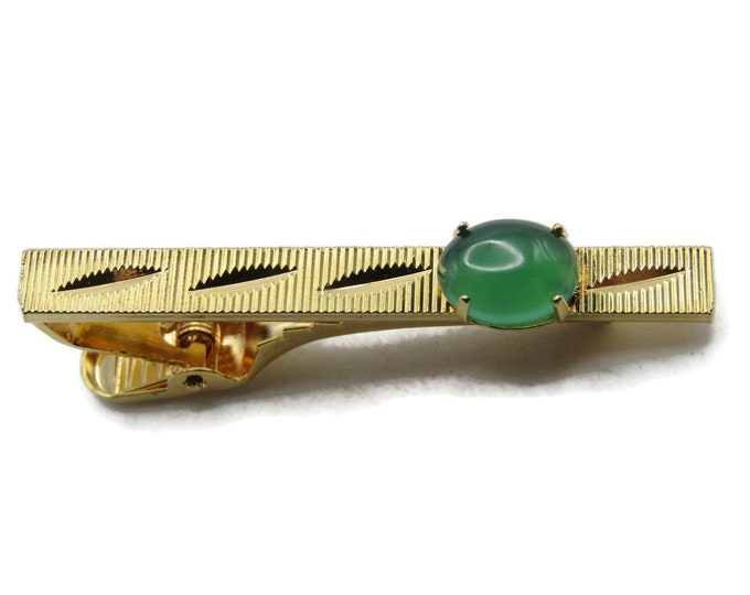 Green Stone Etched And Vertical Lines Tie Clip Tie Bar Men's Jewelry Gold Tone