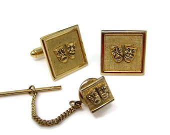 Vintage Mens Jewelry Set Tie Tack Pin Cufflinks: Comedy & Tragedy Mask Actor Gift Gold Tone