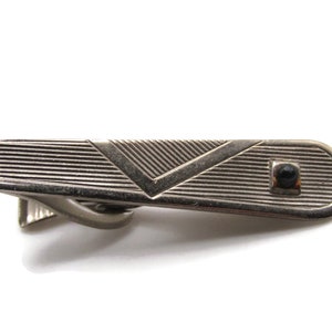 Tapered Line Design Stone Inlay Tie Clip Tie Bar Men's Jewelry Silver Tone