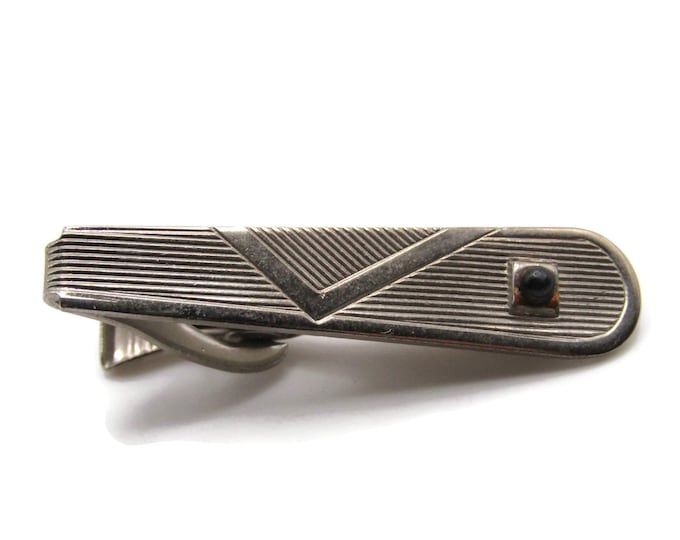 Tapered Line Design Stone Inlay Tie Clip Tie Bar Men's Jewelry Silver Tone