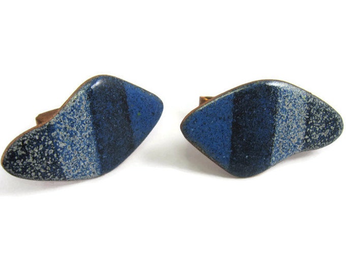 Vintage Cufflinks for Men: Blue & White Stripe Enamel Art on Copper
