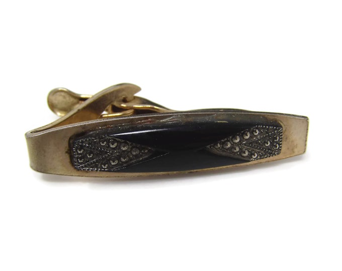 Vintage Tie Clip Tie Bar: Black Glass Accent