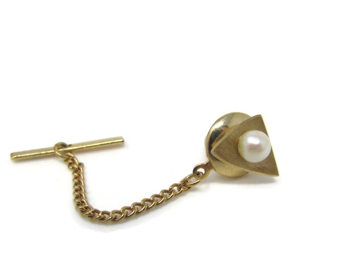 Faux Pearl Curved Triangle Setting Tie Tack Pin Vintage Men's Jewelry Nice Design