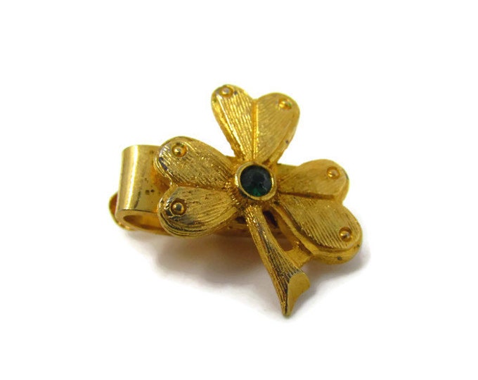 Clover Green Jewel Center Tie Clip Vintage Tie Bar: Gold Tone