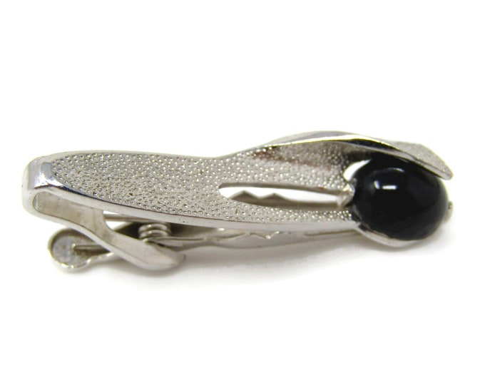 Modernist Tie Clip Men's Vintage Black Glass Silver Tone Wrap Design