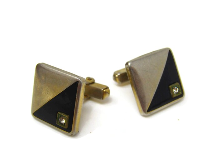 Black Corner Cufflinks for Men Vintage Gold Tone Clear Jewel