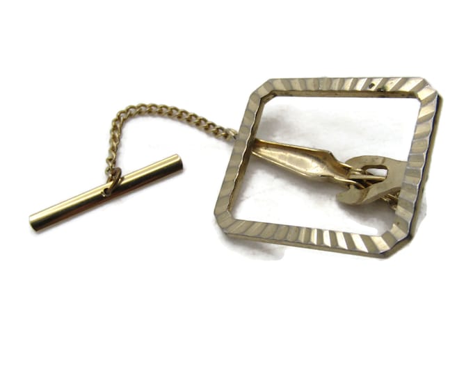 Etched Open Square Tie Clip And Chain Men's Jewelry Gold Tone