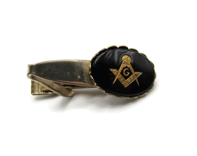 Mason Insignia Etched Black Stone Vintage Gold Tone Tie Bar Tie Clip Men's Jewelry