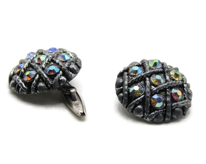 Rhinestone Inlay Weave Pattern Cuff Links Men's Jewelry Silver Tone