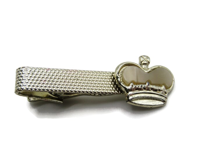 Crown Mother of Pearl Inlay Textured Silver Tone Tie Clip Modernist Tie Bar Men's Jewelry