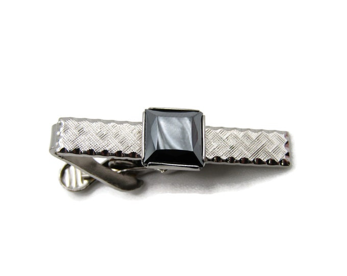 Shiny Black Stone Inlay Textured Silver Tone Classic Design Modernist Tie Clip Tie Bar Men's Jewelry