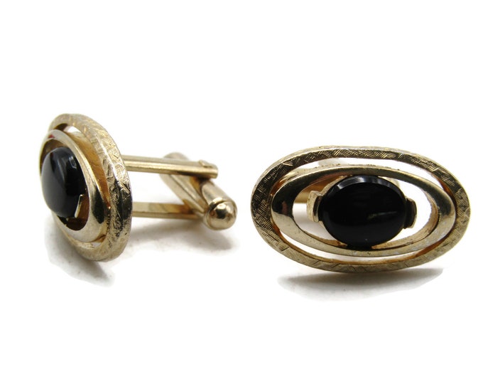 Oval Black Stone Center Open Design Cuff Links Men's Jewelry Gold Tone