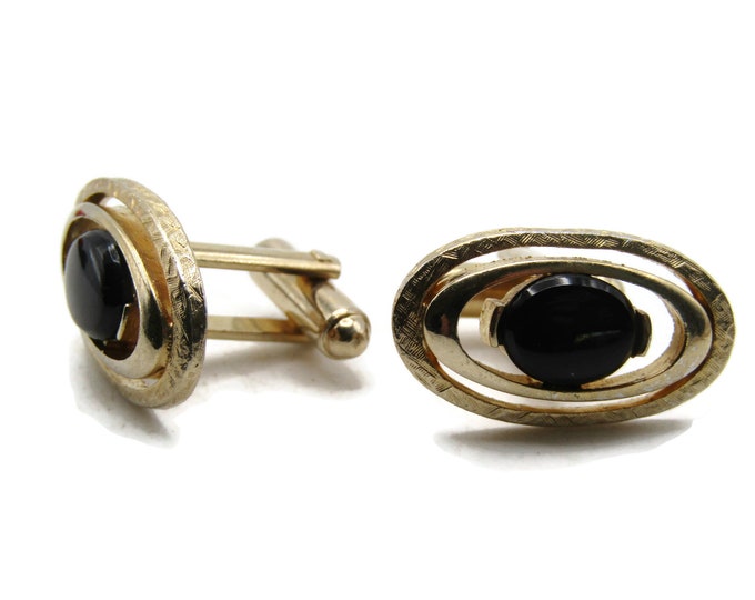 Oval Black Stone Center Open Design Cuff Links Men's Jewelry Gold Tone