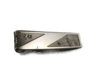 Vintage Men's Tie Bar Clip: Clear Jewel Flower Etch Groove Silver