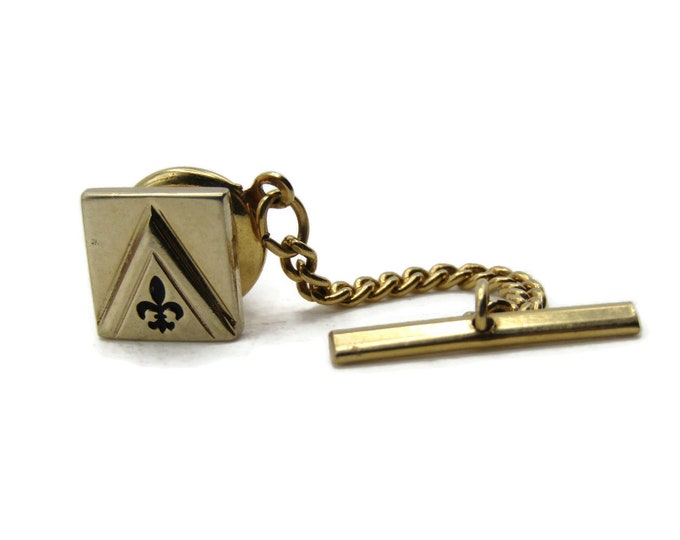 Square Tie Pin And Chain Fluer Di Lis And Triangle Center Men's Jewelry Gold Tone