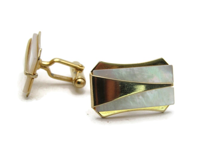 Mother Of Pearl Inlay Traingle Shapes Cuff Links Gold Tone Men's Jewelry