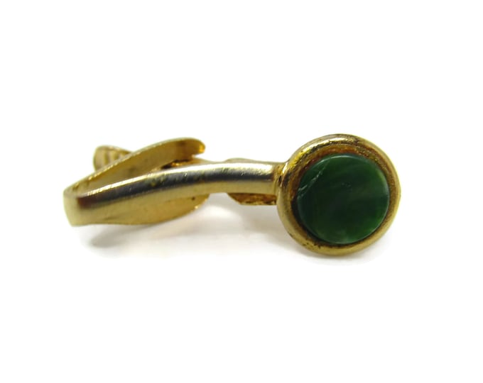 Vintage Tie Clip Tie Bar: Green Stone Curved Body Design