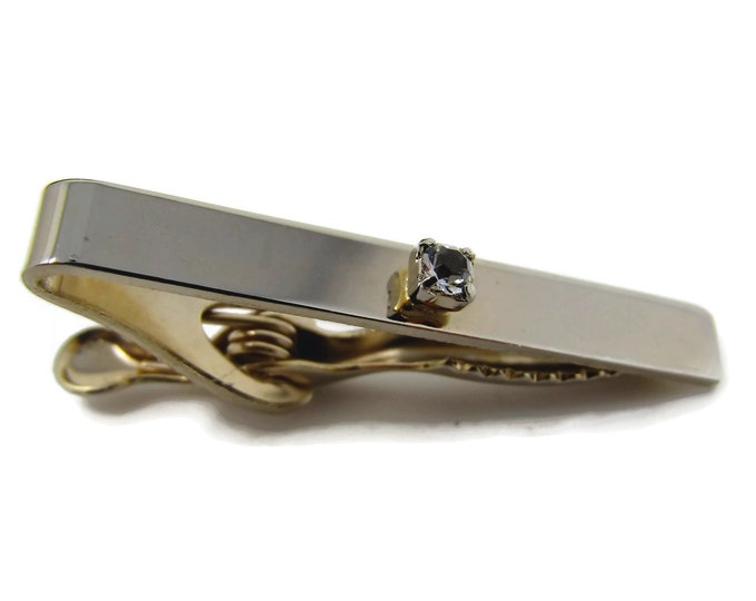 Vintage Tie Clip Tie Bar: Clear Jewel Center Classic Design Gold Tone