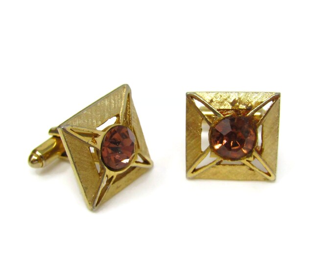 Brown Jewel Cufflinks for Men Vintage Gold Tone Square Design