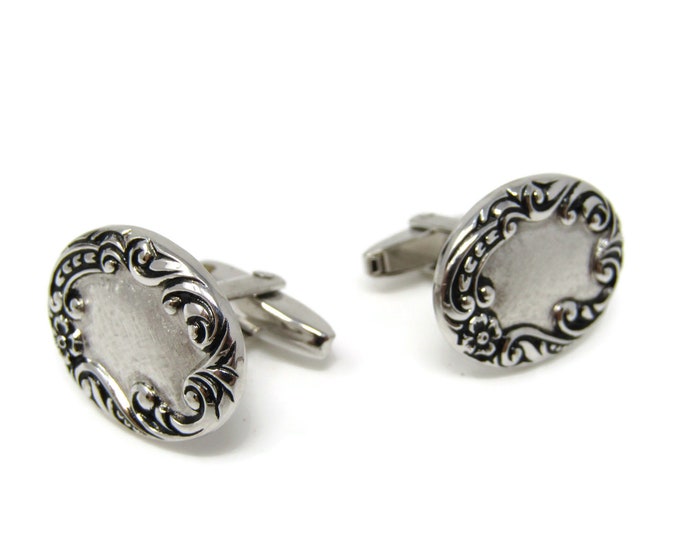 Oval Fancy Cufflinks Nice Design Silver Tone Vintage Men's Jewelry
