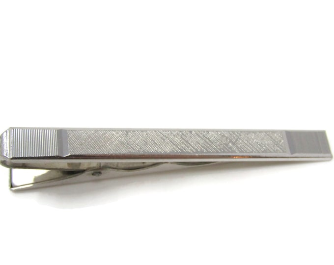 Textured Center Ridged Ends Tie Clip Bar Silver Tone Vintage Men's Jewelry Nice Design