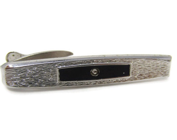 Wood Texture Tie Clip Vintage Tie Bar: Black Center Silver Tone Body