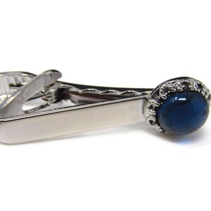 Vintage Tie Clip: Silver Tone with Blue Glass Accent