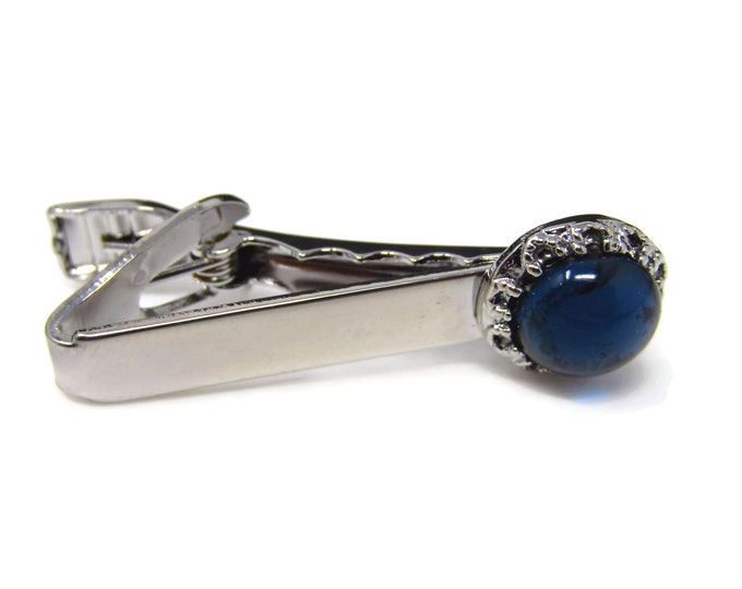 Vintage Tie Clip Tie Bar: Blue Glass Accent Stunning Design Nice Quality Silver Tone