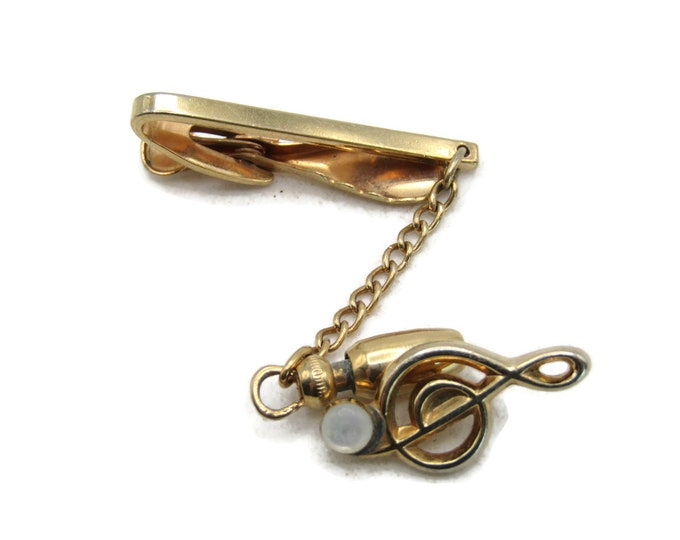 Stone Inlay Music Note Tie Clip & Chain Set Musician Gift Gold Tone Tie Bar Men's Jewelry