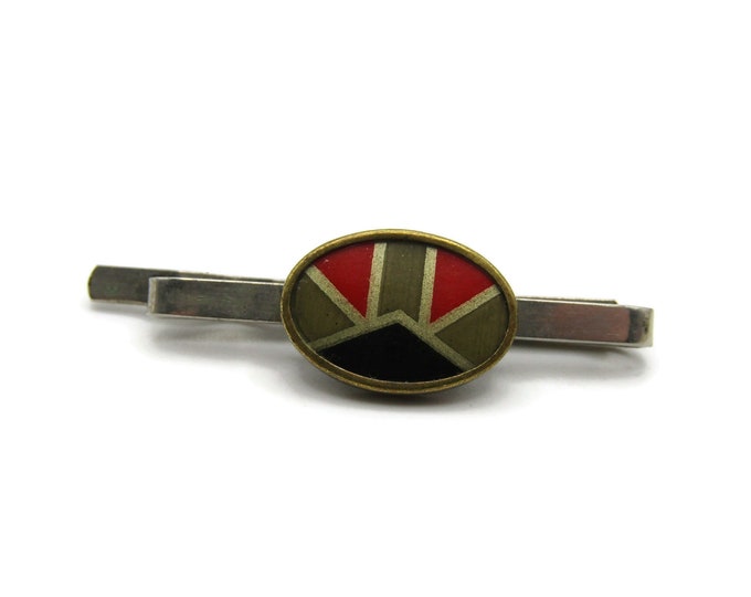 Geometric Red White and Grey Stone Inlay Silver Tone Modernist Tie Clip Tie Bar Men's Jewelry