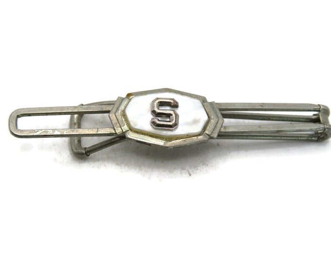 Mother Of Pearl Inlay S Letter Initial Monogram Open Body Tie Clip Silver Tone Mne's Jewelry
