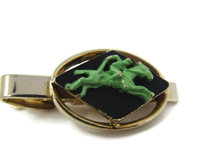 Horse Jockey Tie Clip Vintage Tie Bar: Green Coloring Gold Tone Body