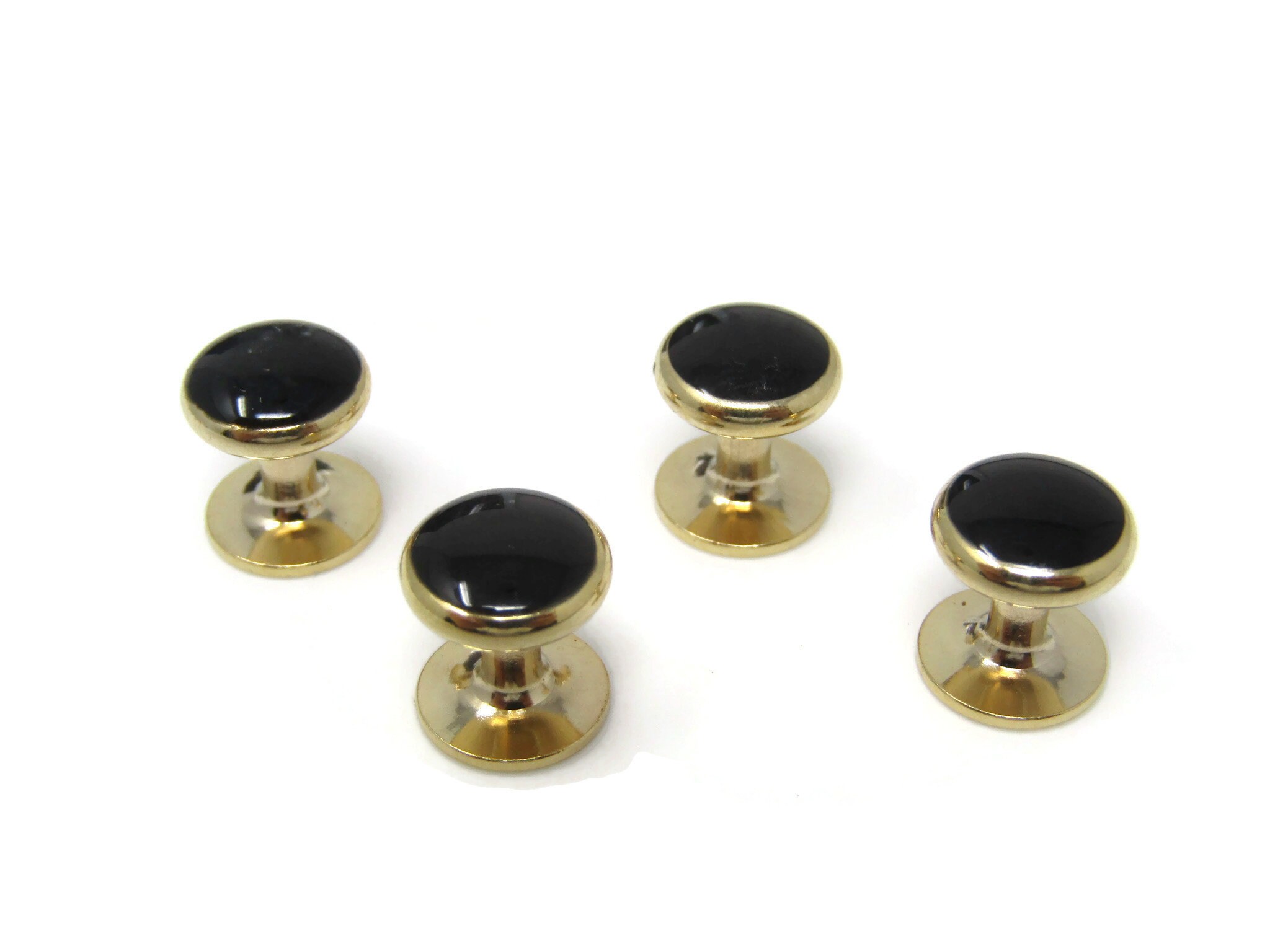 Four Black Center Vintage Shirt Stud Buttons Round Gold Tone Fixed Post 