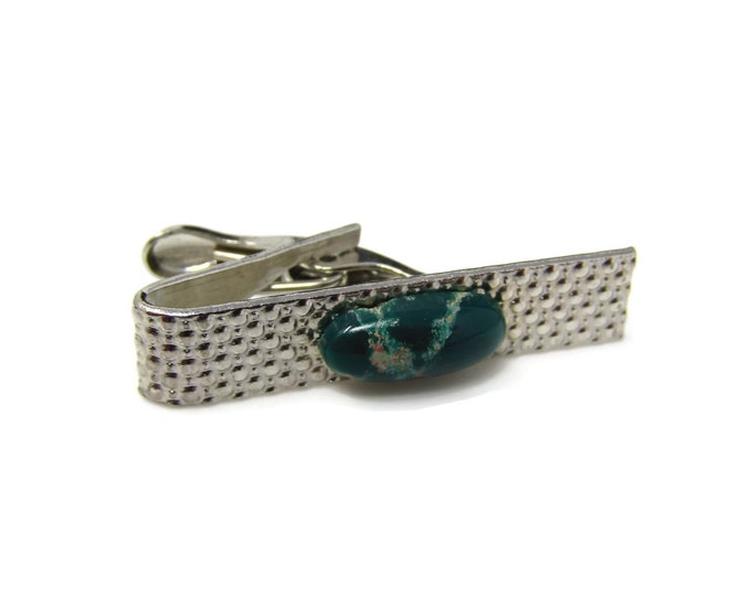 Vintage Tie Clip Tie Bar: Polished Green Stone Nice Textured Silver Tone