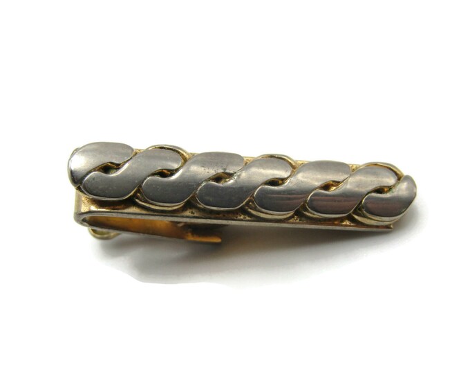 Interlocking Chain Pattern Silver & Gold Tone Tie Clip Tie Bar