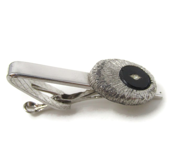 Black Setting Clear Jewel Textured Tie Clip Bar Silver Tone Vintage Men's Jewelry Nice Design