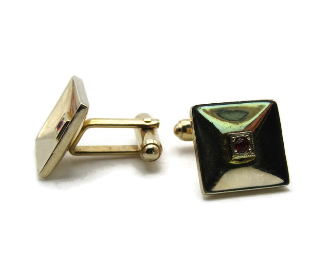 Red Stone Inlay Concave Square Cuff Links Men's Jewelry Gold Tone