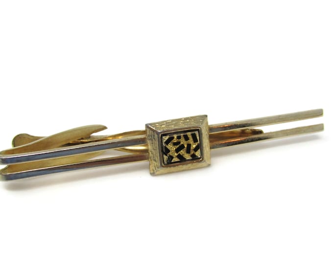 Black Speckle Art Center Tie Bar Clip Vintage Men's Jewelry Gold Tone