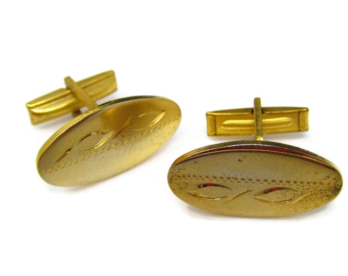 Vintage Cufflinks for Men: Leaf Etch Gold Tone Ovals