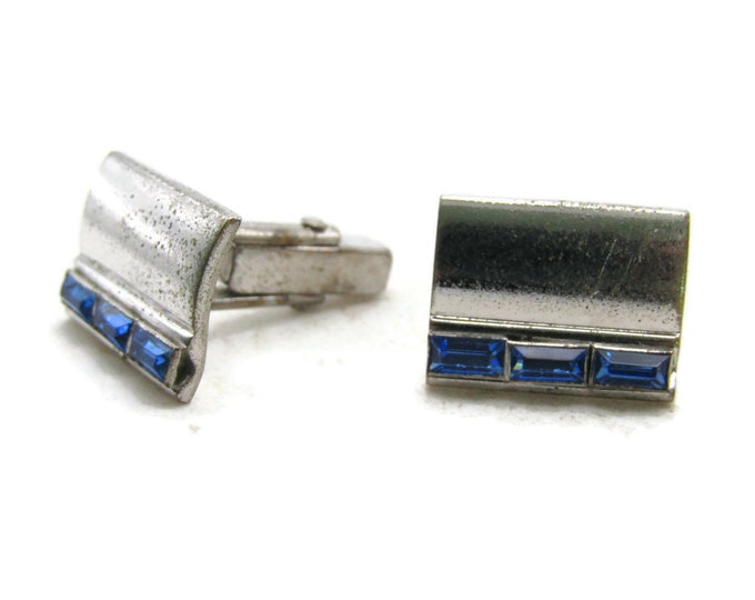 Blue Stone Edge Inlay Cuff Links Silver Tone Rectangles Men's Jewelry