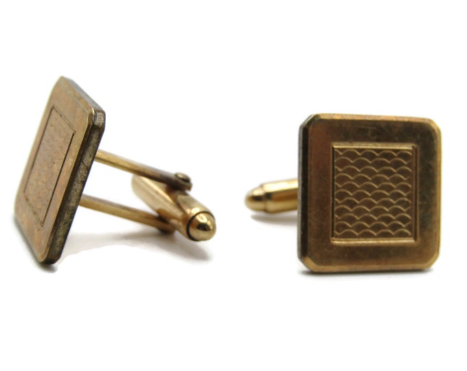 Square Cuff Links Waved Lines Center Men's Jewelry Gold Tone