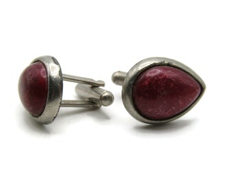 Red Stone Tear Drop Shape Cuff Links Men's Jewelry Silver Tone