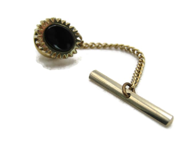Black Stone Inlay Oval Tie Lapel Pin Gold Tone Men's Jewelry