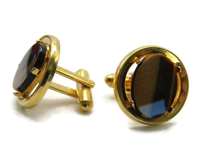 Oval Brown Stone Centered Cuff Links Men's Jewelry Gold Tone