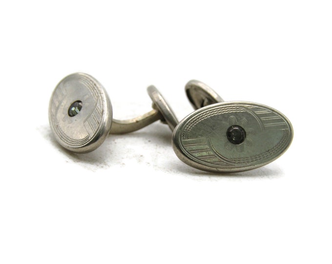 Art Deco Style Oval Rhinestone Inlay Cuff Links Silver Tone Men's Jewelry
